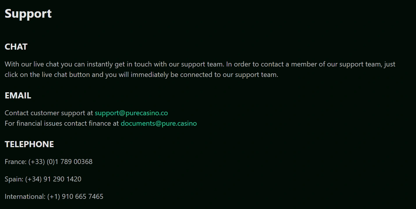 Pure Casino support chanals
